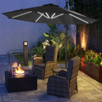 Outsunny 3(m) Adjustable Cantilever Parasol With Base, Solar Led Lights, Dark Grey