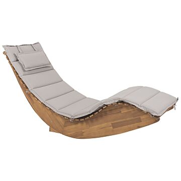 Sun Lounger Light Acacia Wood Slatted Design Rocking Feature Curved Shape With Taupe Seat Cushion Beliani