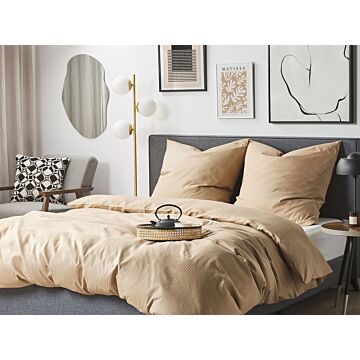 Duvet Cover And Pillowcase Set Sand Beige Striped Sateen Cotton 240 X 220 Cm Modern Bedroom Beliani