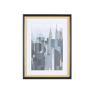 Framed Wall Art Blue And Grey Print Gold And Black Frame 30 X 40 Cm Skyscrapers City Passe-partout Industrial Minimalist Beliani