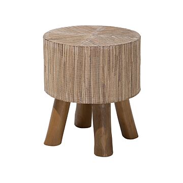 Side Table Light Wood Teak With Water Hyacinth Top 35 Cm Round Footstool Rustic Raw Style Beliani
