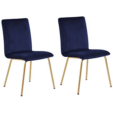 Set Of 2 Dining Chairs Blue Velvet Armless Gold Metal Legs Retro Glam Beliani