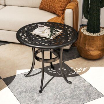 Outsunny 60cm Round Garden Table, Outdoor Hollow Top Design Side Table With Cast Aluminium Frame For Patio, Garden, Balcony, Black