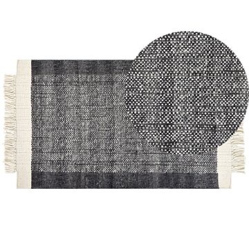 Area Rug Black And Off-white Wool 80 X 150 Cm Rectangular Hand Woven With Tassels Modern Design Beliani