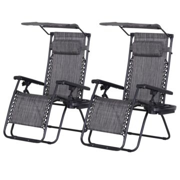 Outsunny 2 Piece Foldable Reclining Garden Chairs With Headrest, Zero Gravity Deck Sun Loungers Seat Chair With Footrest, Armrest, Cup Holder & Canopy Shade, Grey