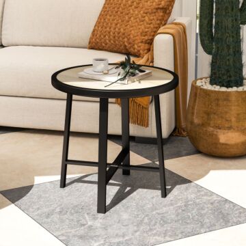 Outsunny Round Small Garden Table, 50.5cm Outdoor Side Table With Spc Tabletop, Metal Frame And Anti-slip Foot Pads For Garden, Balcony, Nature Wood Finish