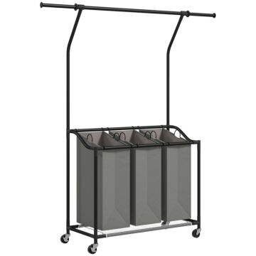 Homcom 126l Laundry Sorter, Rolling Wash Basket With Hanging Rail And Mobile 3-bag Organiser For Bedroom, Bathroom, Laundry Room, 88-149.5l X 40w X 167h Cm, Dark Grey