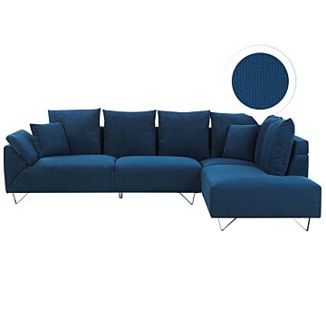 Corner Sofa Navy Blue Corduroy Fabric Cushions Chromed Legs Modern Beliani