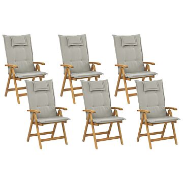 Set Of 6 Garden Chairs Light Acacia Wood With Taupe Cushions Folding Feature Uv Resistant Rustic Style Beliani