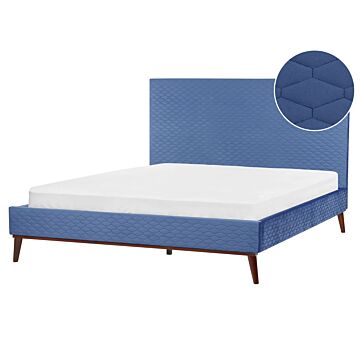 Eu King Size Blue Velvet Fabric 5ft3 Upholstered Frame Headboard Honeycomb Quilted Modern Design Beliani