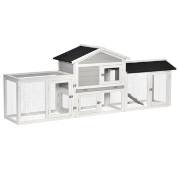 Pawhut 2 Tier Wooden Rabbit Hutch Small Pet House Bunny Run Cage With Pull Out Tray Ramps Lockable Doors Large Run Area Asphalt Roof For Outdoor Grey