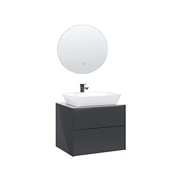 Bathroom Vanity Set Grey Mdf With Ceramic Basin Wall Mount 2 Drawers Cabinet Round Led Illuminated Mirror Beliani