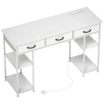 Homcom 120cm Computer Desk With Power Outlets, Office Desk Study Table With 3 Fabric Drawers And 4 Storage Shelves, White