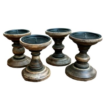 Set Of 4 Brown Wooden Candlestick Church Pillar Candle Holders