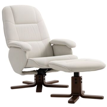 Homcom Linen Swivel Recliner Chair With Footstool, Upholstered Reclining Armchair With Wooden Base For Living Room, Beige