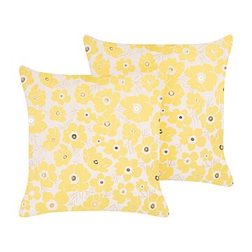 Set Of 2 Scatter Cushions Beige And Yellow Velvet 45 X 45 Cm Throw Pillow Floral Pattern Flower Motif Removable Cover With Filling Beliani