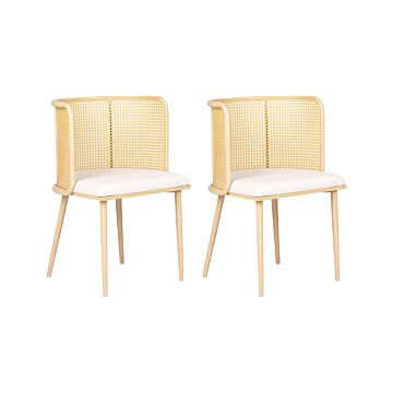 Set Of 2 Dining Chairs Light Wood Effect Metal Frame Beige Fabric Seat Viennese Braid Backrest Retro Seating Beliani