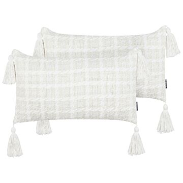 Set Of 2 Scatter Cushions Beige Fabric 30 X 60 Cm Checked Pattern Cover Style Textile Beliani