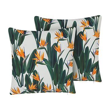 Set Of 2 Outdoor Cushions Green Polyester 45 X 45 Cm Floral Print Pattern Garden Patio Beliani