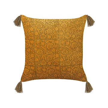 Decorative Cushion Orange Velvet 45 X 45 Cm Floral Pattern With Tassels Block Printed Boho Decor Accessories Beliani