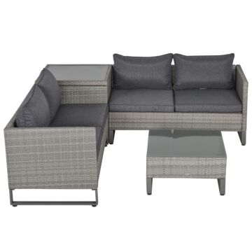 Outsunny 4-seater Pe Rattan Sofa Set Wicker Garden Furniture Outdoor Conservatory Furniture Coffee Table W/ Side Storage Box & Cushion, Grey