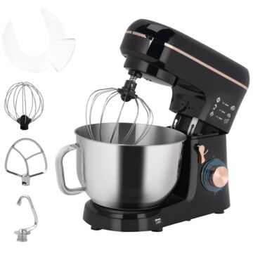 Homcom Stand Mixer, 5l Food Mixer For Baking, 6 Speeds And Pulse Setting, 1400w Cake Electric Kitchen Mixer With Dough Hook, Whisk, Stainless Steel Bowl, Splash Guard, Beater, Black