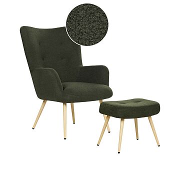 Wingback Chair With Ottoman Dark Green Boucle Fabric Buttoned Solid Pattern Retro Style Living Room Beliani