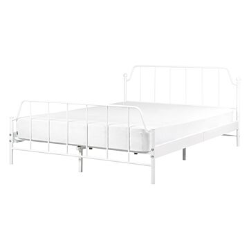 Bed Frame White Metal 140 X 200 Cm King Size Poplar Wood Slats Industrial Minimalist Bedroom Beliani