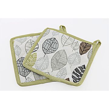 Two Fabric Pot Or Pan Mats With Contemporary Green Leaf Print Design