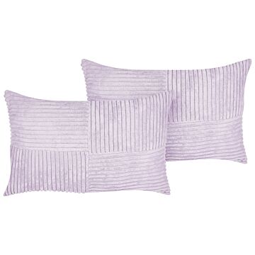 Set Of 2 Decorative Pillows Violet Corduroy 47 X 27 Cm Striped Pattern Modern Design Throw Cushions Beliani