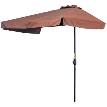Outsunny 2.3m Patio Semi Round Half Parasol Umbrella With Metal Frame Crank Handle For Balcony- No Base Included, Brown
