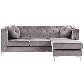 Corner Sofa Grey Velvet Upholstered 3 Seater Left Hand L-shaped Glamour Additional Pillows With Tufting And Nailhead Trims Beliani