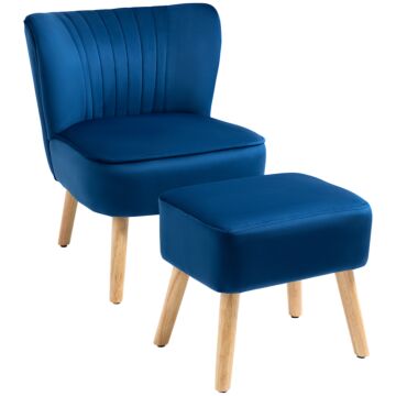 Homcom Velvet Accent Chair Occasional Tub Seat Padding Curved Back W/ Ottoman Wood Frame Legs Home Furniture, Dark Blue