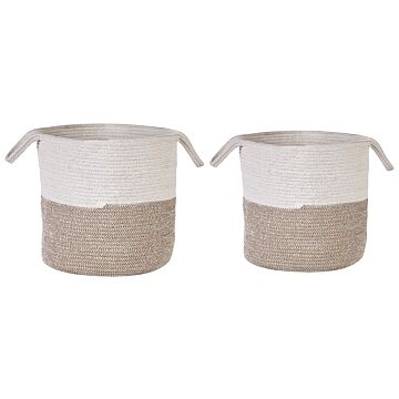 Set Of 2 Storage Baskets Beige White Cotton Laundry Bins Woven Beliani