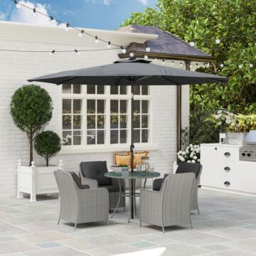 Outsunny 4 Seater Rattan Dining Set With Parasol & Cushions - Light Grey