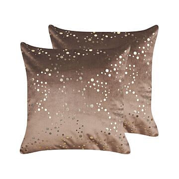 Set Of 2 Decorative Cushions Brown Velvet 45 X 45 Cm Gold Dots Foil Print Glamour Decor Accessories Beliani