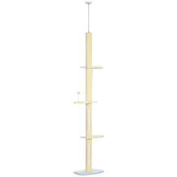 Pawhut 260cm Cat Tower Cat Tree, Floor To Ceiling, Height Adjustable With Anti-slip Kit And Fish-shaped Scratching Post Ball, Yellow