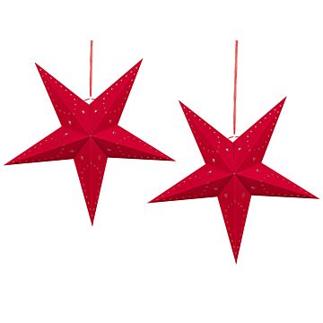Set Of 2 Star Lanterns Red Velvet Paper 60 Cm Hanging Christmas Home Decororation Seasonal Festive Beliani