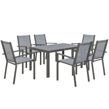 Outsunny 7 Pieces Garden Dining Set With Wood-plastic Composite Dining Table, And 6 Stackable Armchairs With Breathable Mesh Fabric