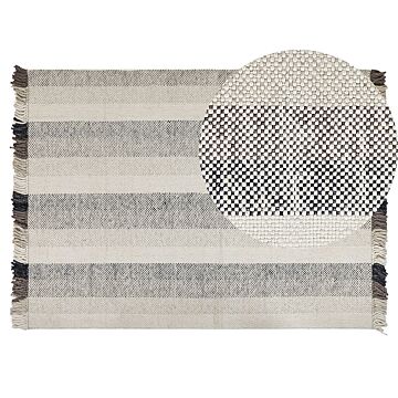 Area Rug Off-white Wool 140 X 200 Cm Rectangular Hand Woven With Tassels Modern Design Beliani