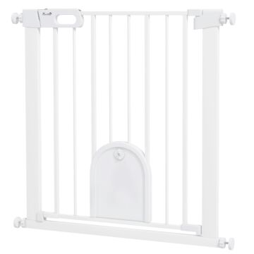 Pawhut 75-82cm Pet Safety Gate With Double Locking, Pressure Fit Stair With Cat Flat For Doorways, Hallways, White