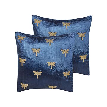 Set Of 2 Decorative Cushions Navy Blue Velvet 45 X 45 Cm Animal Pattern Dragonfly Motif Modern Glamour Living Room Bedroom Pillow Beliani