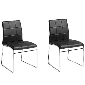 Set Of 2 Dining Chairs Black Faux Leather Chromed Metal Legs Modern Beliani