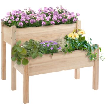 Outsunny 2-piece Solid Fir Wood Plant Raised Bed Garden Flower Vegetable Herb Grow Box 86l X 85w X 72h Cm Natural Wood Color
