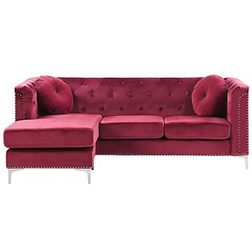Corner Sofa Burgundy Velvet Upholstered 3 Seater Right Hand L-shaped Glamour Additional Pillows With Tufting And Nailhead Trims Beliani