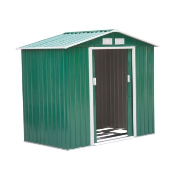 Outsunny 7ft X 4ft Lockable Garden Shed Large Patio Roofed Tool Metal Storage Building Foundation Sheds Box Outdoor Furniture, Green