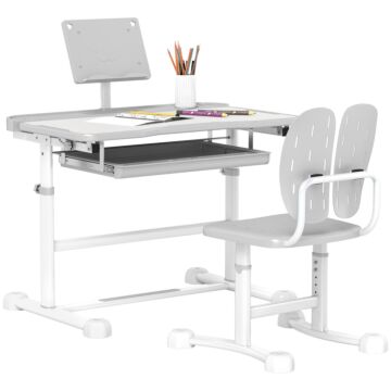 Aiyaplay Height Adjustable Kids Desk And Chair Set, School Study Writing, Reading Table Chair Set W/ Tilted Desktop, Grey