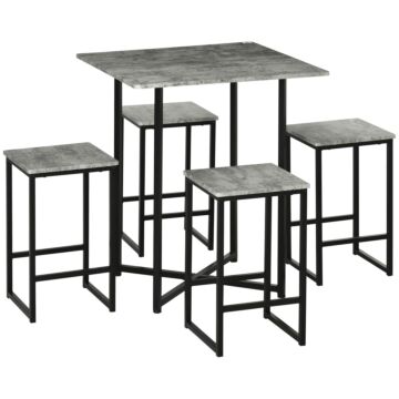 Homcom Square Bar Table With Stools, Concrete Effect 5 Pieces Small Kitchen Table And Chairs Set For 4 People, With Steel Frame And Footrest, Grey