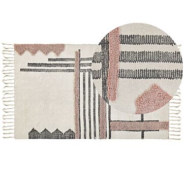 Area Rug Beige And Black Cotton 80 X 150 Cm Scandinavian Pattern Handwoven Fringe Rectangular Living Room Beliani