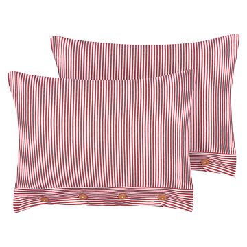 Set Of 2 Decorative Cushions Red And White Cotton 40 X 60 Cm Striped Pattern Buttons Retro Décor Accessories Bedroom Living Room Beliani
